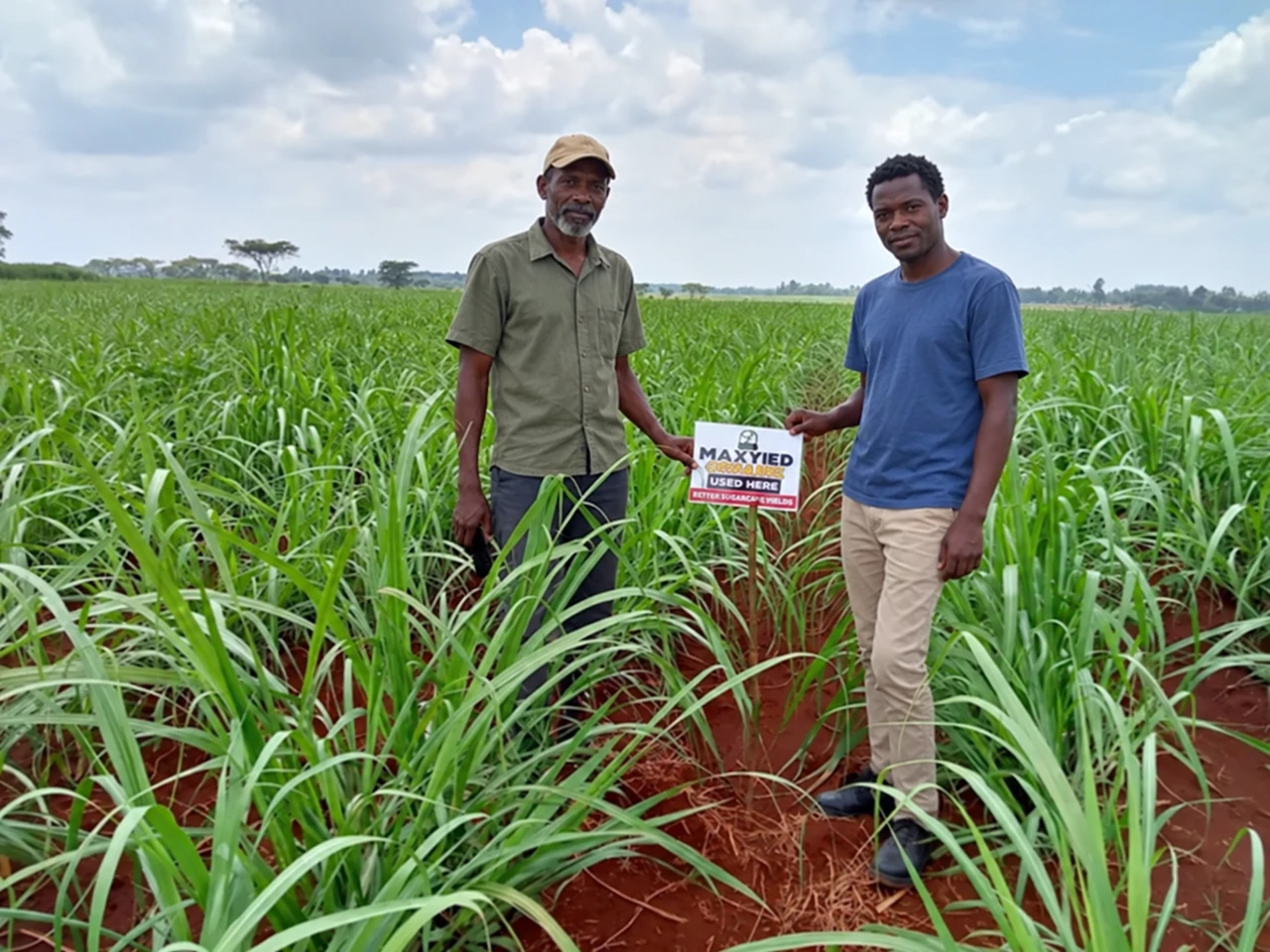Illustrative sugarcane field visit with fictional faces and clothing