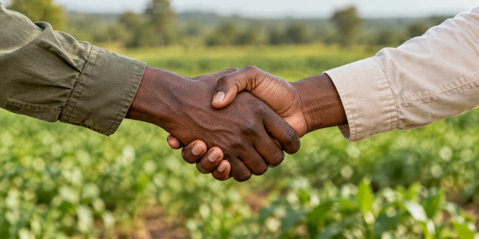 Symbolic illustration of a handshake in a farm setting
